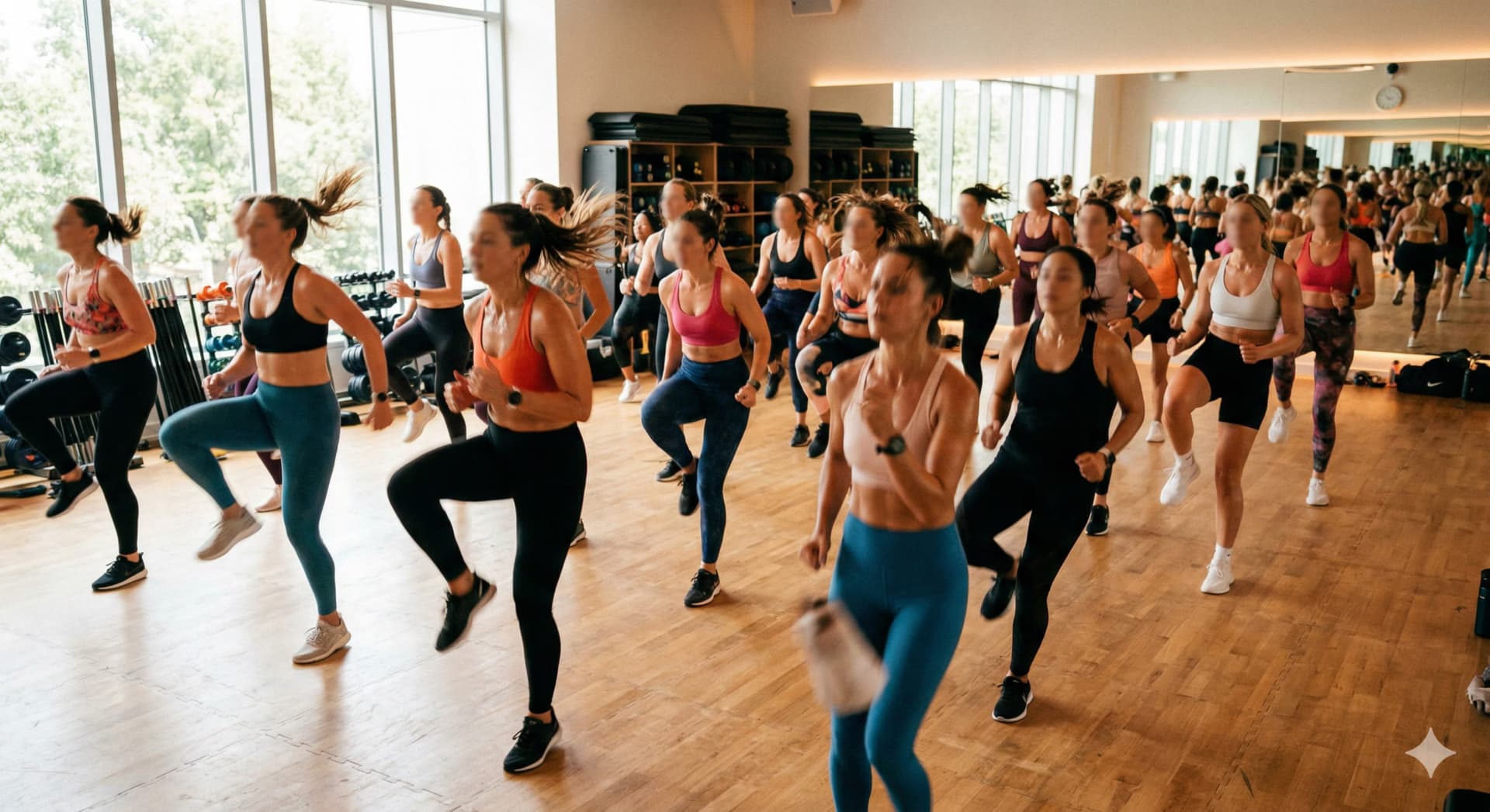 Fotorealistisch: vrouwen tijdens een dynamische groepsles in een helder sportstudio, energie en beweging, levendige sfeer, gezichten buiten beeld of vaag